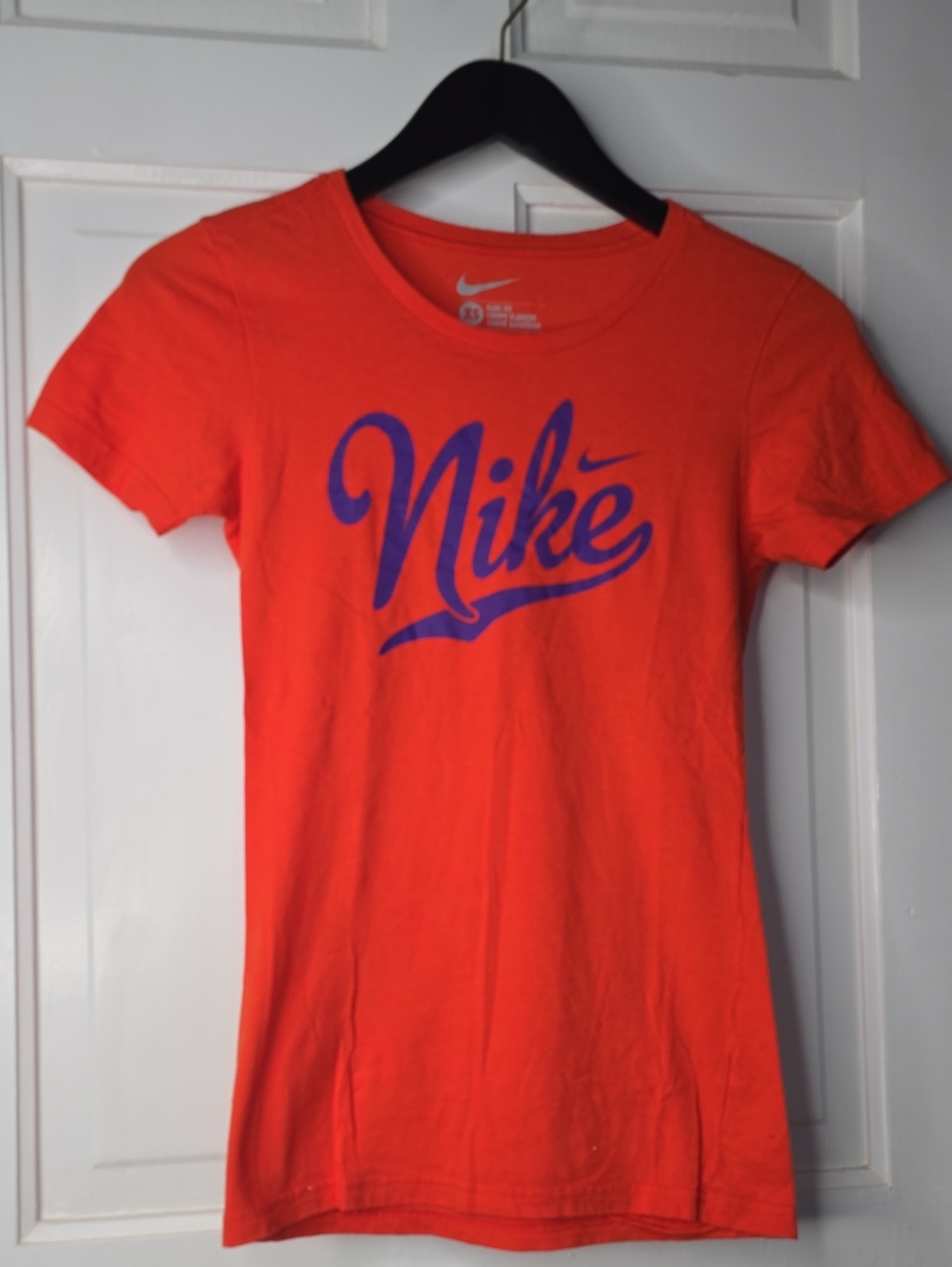 Nike Women's Bright Orange Tee with Purple Script Logo